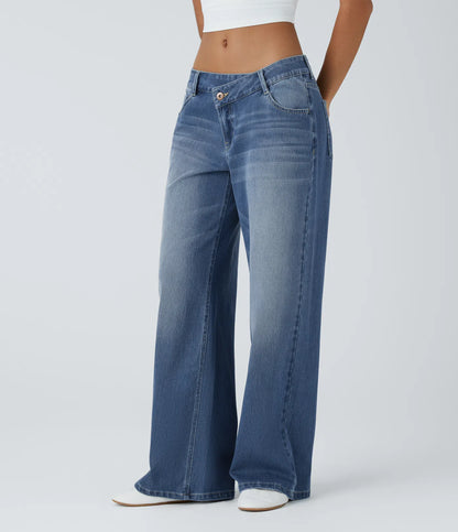 Asymmetric Low Rise Zipper Pockets Baggy Wide Leg Washed Casual Jeans