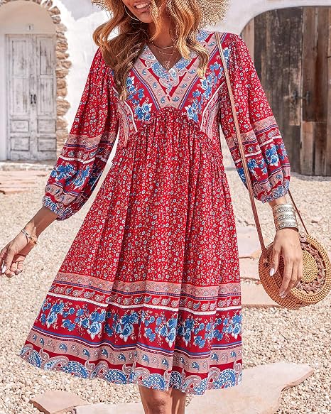 Women V Neck Ruffle Floral Flowy Boho Babydoll Dress