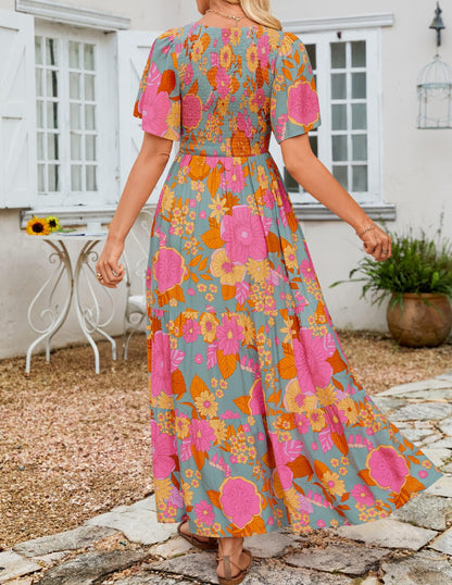 Women's Casual Floral Print Short Flutter Sleeve Smocked High Waist Flowy Maxi Dress