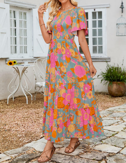 Women's Casual Floral Print Short Flutter Sleeve Smocked High Waist Flowy Maxi Dress