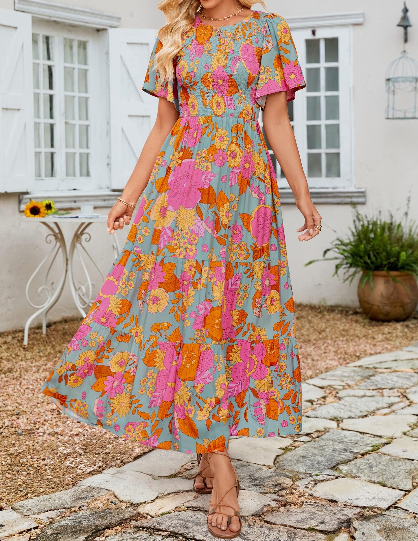 Women's Casual Floral Print Short Flutter Sleeve Smocked High Waist Flowy Maxi Dress