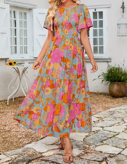 Women's Casual Floral Print Short Flutter Sleeve Smocked High Waist Flowy Maxi Dress