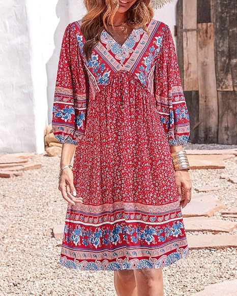 Women V Neck Ruffle Floral Flowy Boho Babydoll Dress