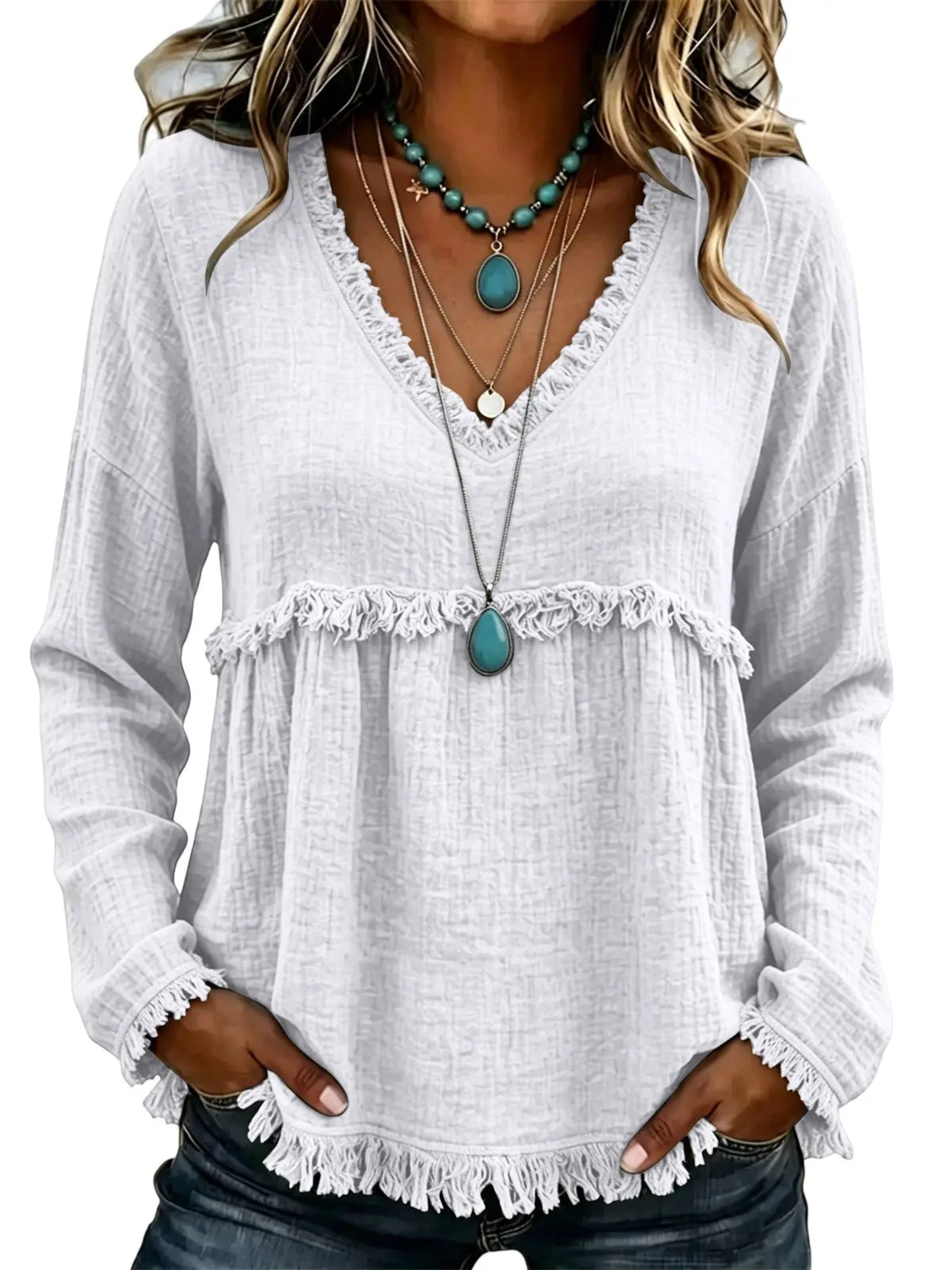 Women Boho Fringe Tassel Blouse V‑Neck Long Sleeve Loose Casual Top