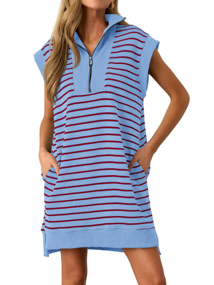 Women's Striped Casual Zipper Cap Sleeve Mini Dress