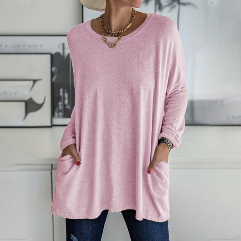 Women's  Round Neck Long Sleeve Loose Pocket Solid T-Shirt