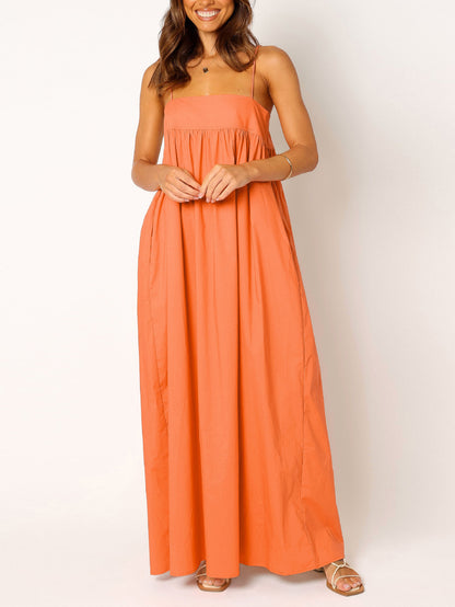 Women's Summer Backless Tied Spaghetti Straps Casual  Cutout Maxi Dress with Pockets