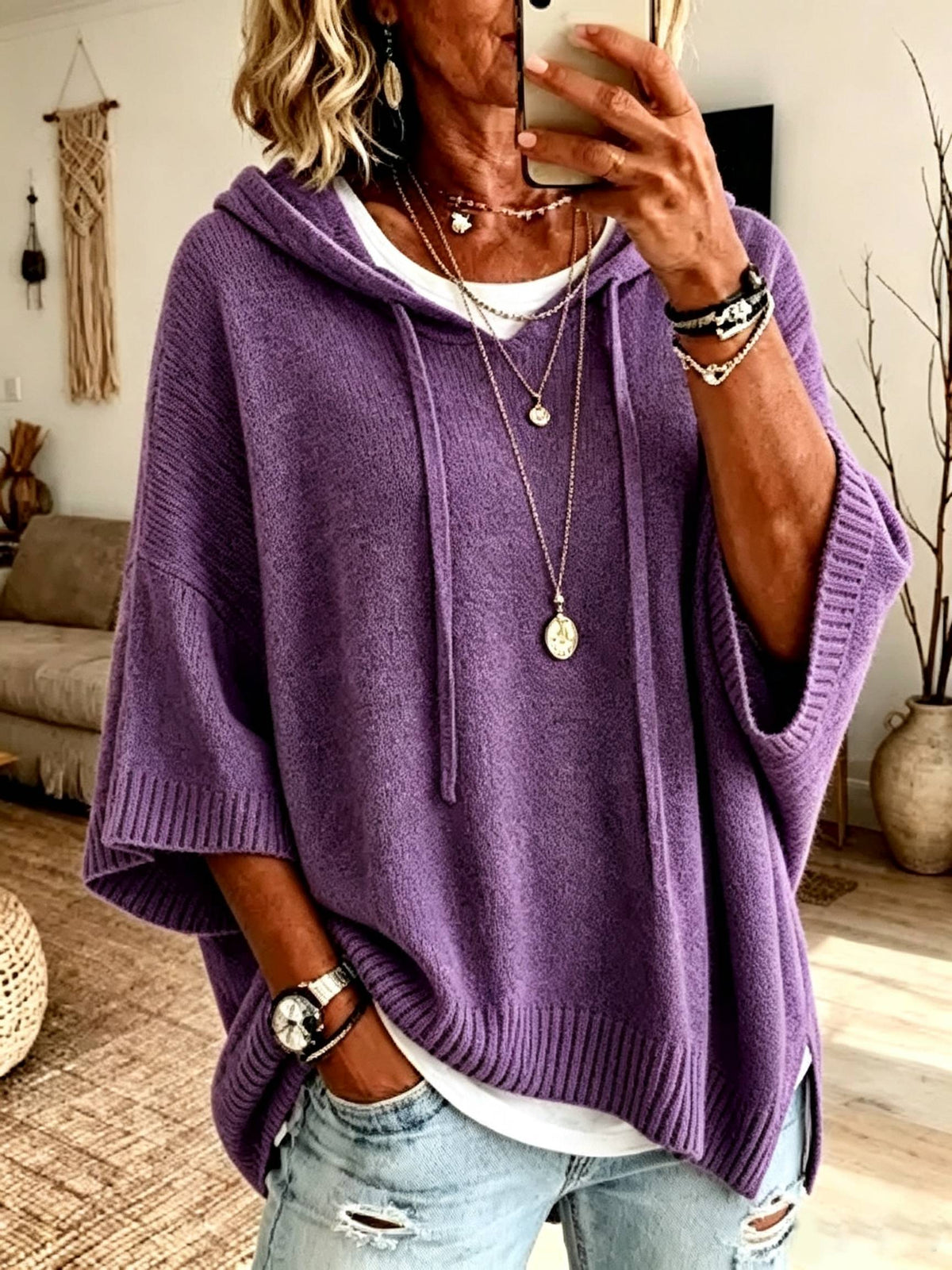 Women New Loose Batwing Short‑Sleeve Hooded Drawstring Knit Sweater