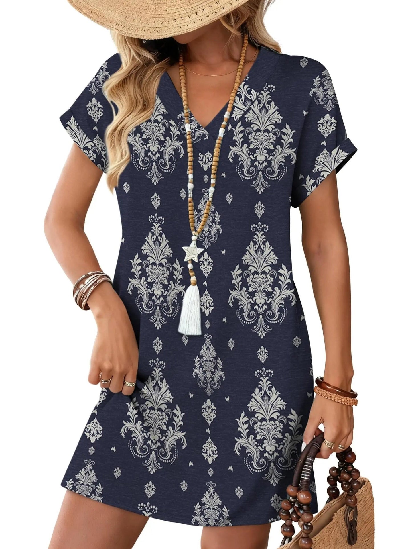 Women's V-Neck  Print Short Sleeve T-Shirt Dress