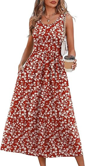 Women's Sleeveless Printed Flowy Dress With Pockets