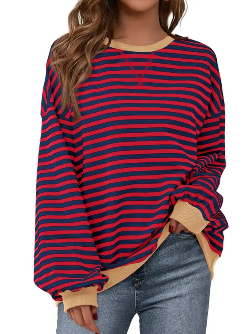 Womens Striped Oversized Sweatshirt Color Block Long Sleeve Top