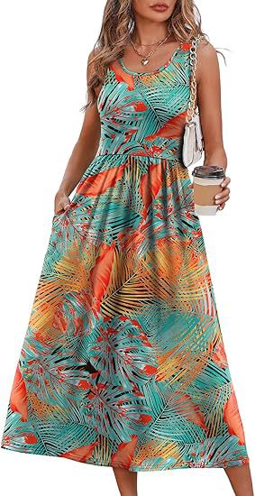Women's Sleeveless Printed Flowy Dress With Pockets