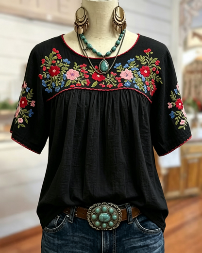 Floral  Loose Gathered Scoop Neck Short Sleeve Blouse