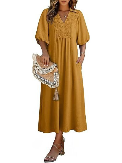 Women's Puff Sleeve V-neck Flowing Maxi Dress