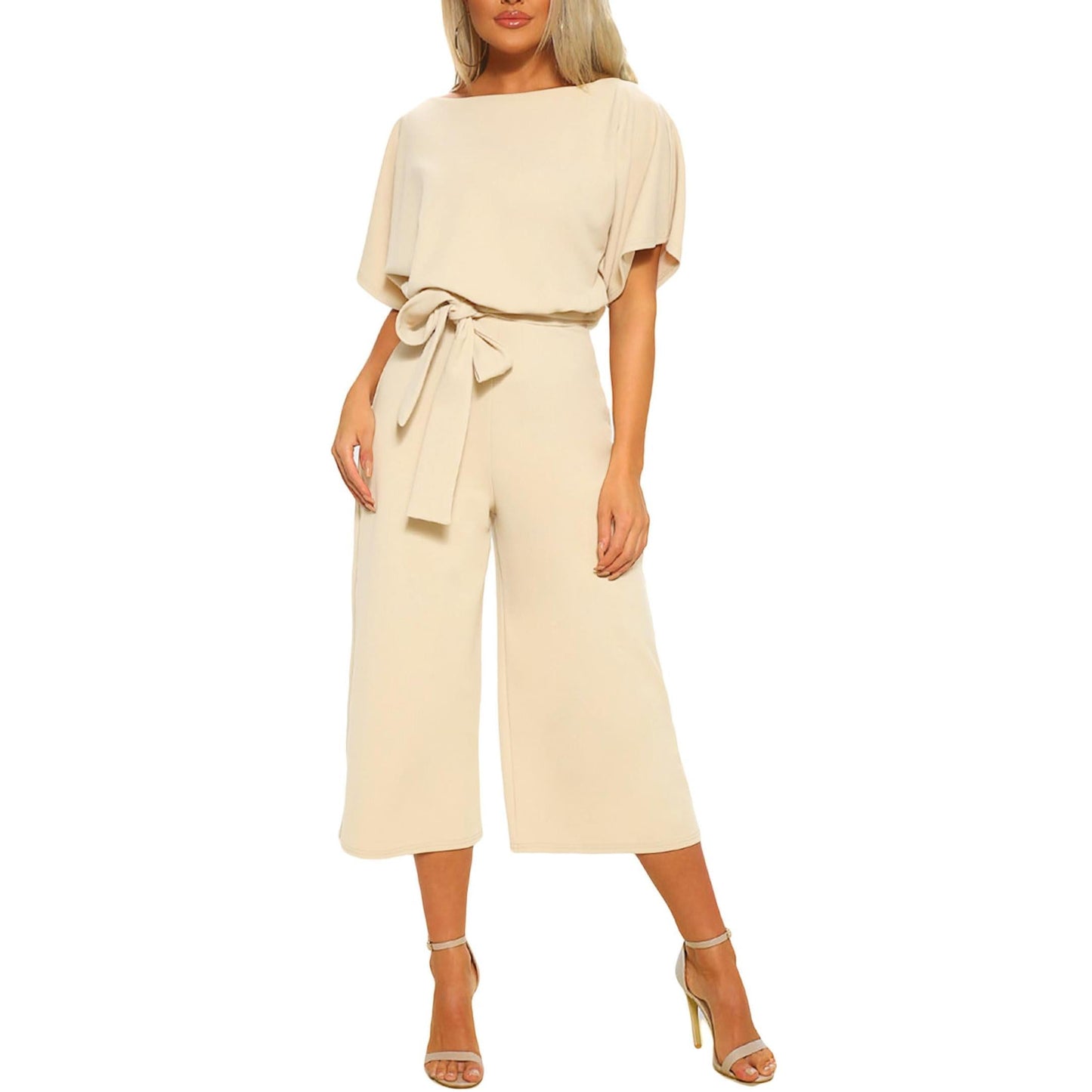 Women's casual wide-leg jumpsuit with waist tie