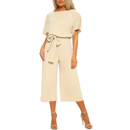 Women's casual wide-leg jumpsuit with waist tie