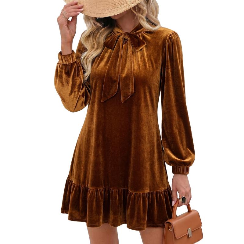 Women Tie Neck Long Sleeve A-Line Babydoll Mini Dress Ruffle Hem
