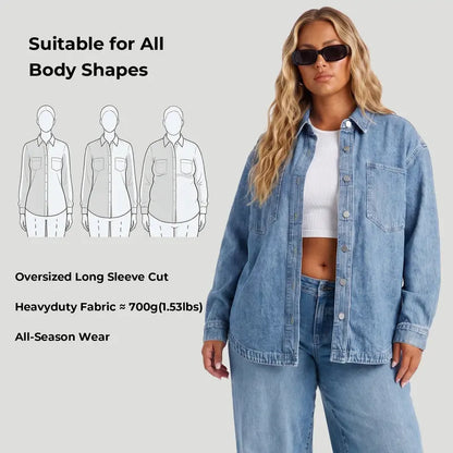 Women Vintage Washed Denim Shacket Long Sleeve Oversized Shacket