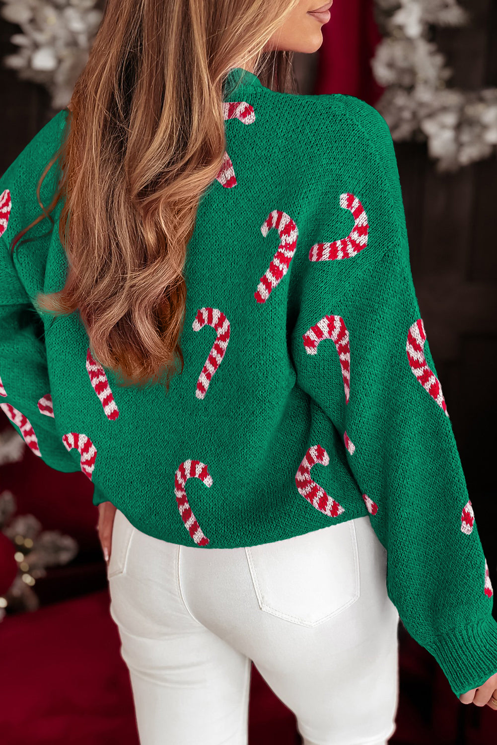 Womens Christmas Candy Cane Holiday Drop Shoulder Sweater