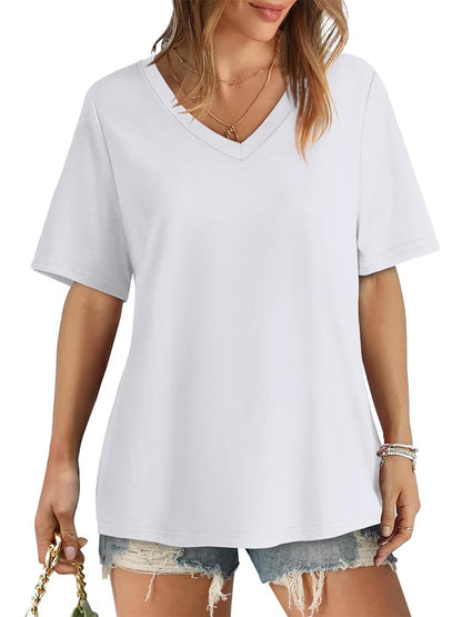 2026 Women's Solid Color V-Neck Loose Short Sleeve T-Shirt Top