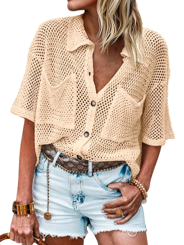Womens Short Sleeve Crochet Lightweight Cardigan Sweaters Cover Up Shirts