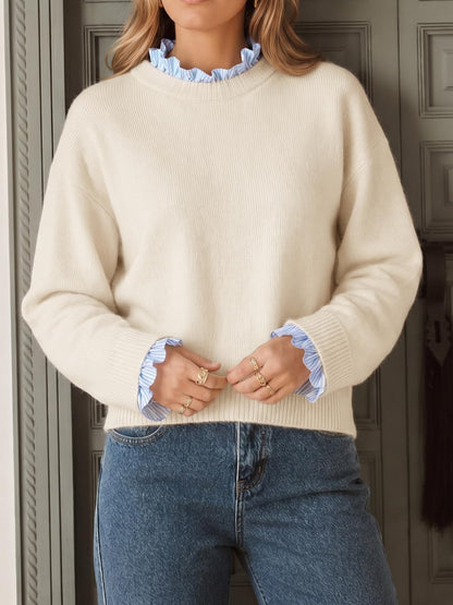Womens Ruffle Crew Neck Patchwork Striped Cuff Knit Sweater