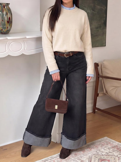 Womens Ruffle Crew Neck Patchwork Striped Cuff Knit Sweater