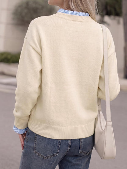 Womens Ruffle Crew Neck Patchwork Striped Cuff Knit Sweater