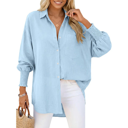 Women Loose Linen Blend Pocket Shirt with Smocked Elastic Cuffs