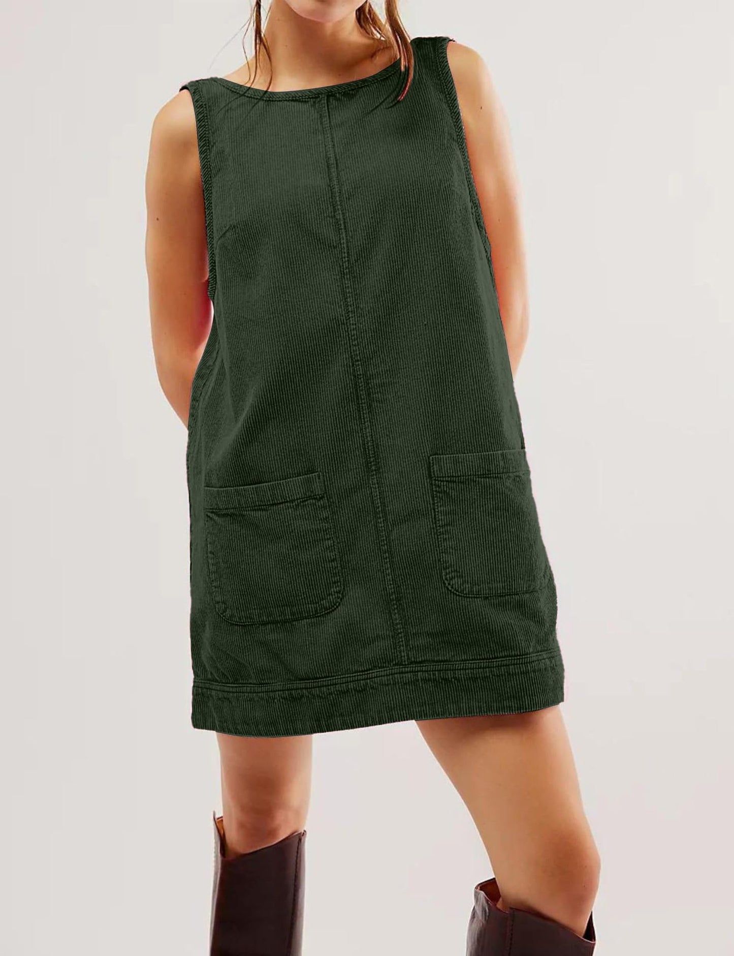 Women's Corduroy Overall Dress Round Neck Wide Strap Mini Dress with Pockets