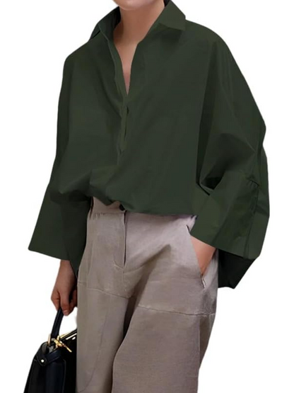 Womens Cotton Casual 3/4 Sleeve Loose Fit Collared Work Blouse Tops