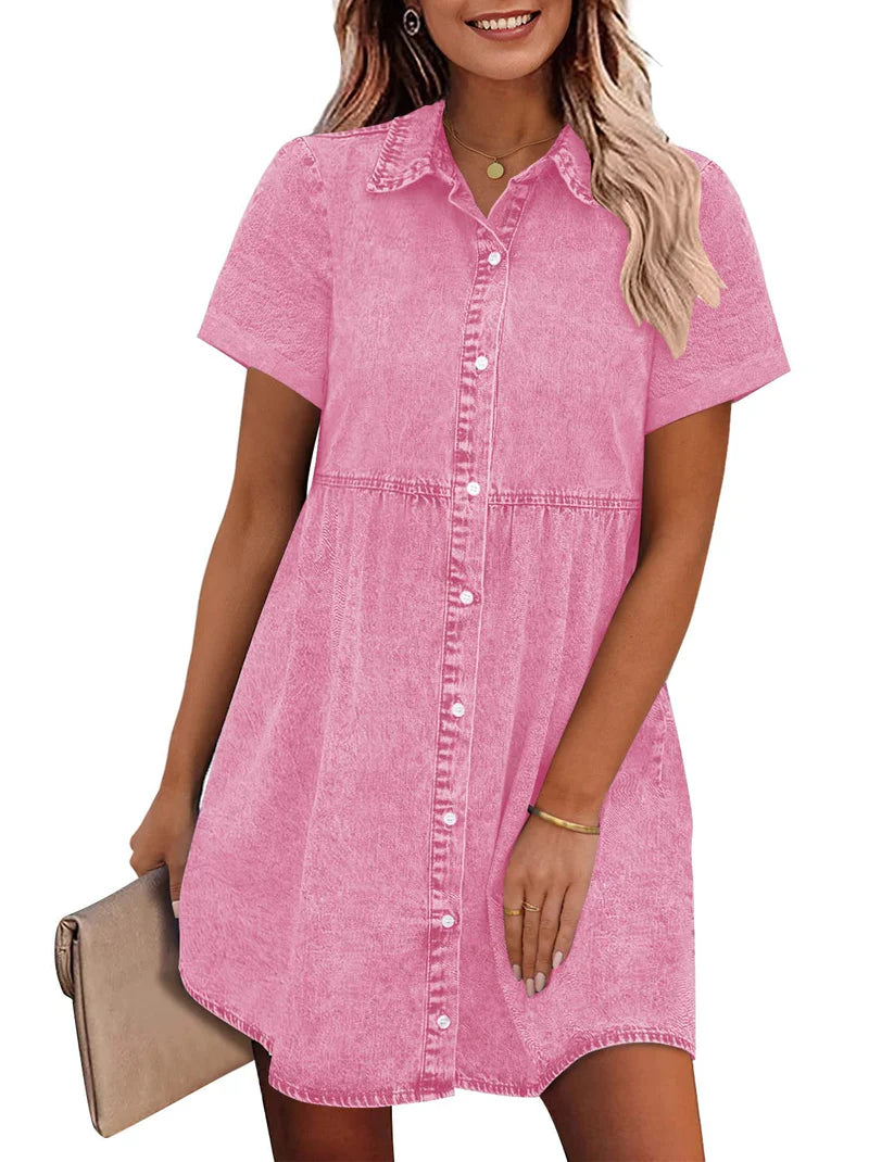 Women's Short Sleeve Button Denim Shirt Dress