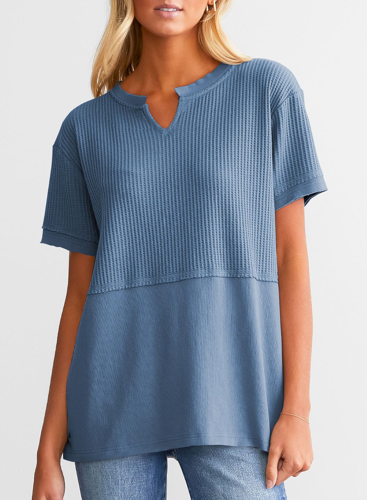 Women's Casual V Neck Waffle Knit Tops Short Sleeve T Shirts