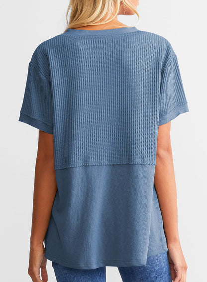 Women's Casual V Neck Waffle Knit Tops Short Sleeve T Shirts