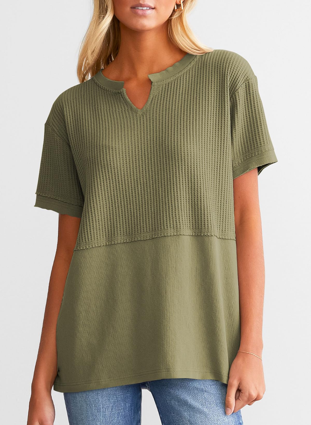 Women's Casual V Neck Waffle Knit Tops Short Sleeve T Shirts