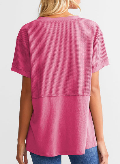 Women's Casual V Neck Waffle Knit Tops Short Sleeve T Shirts