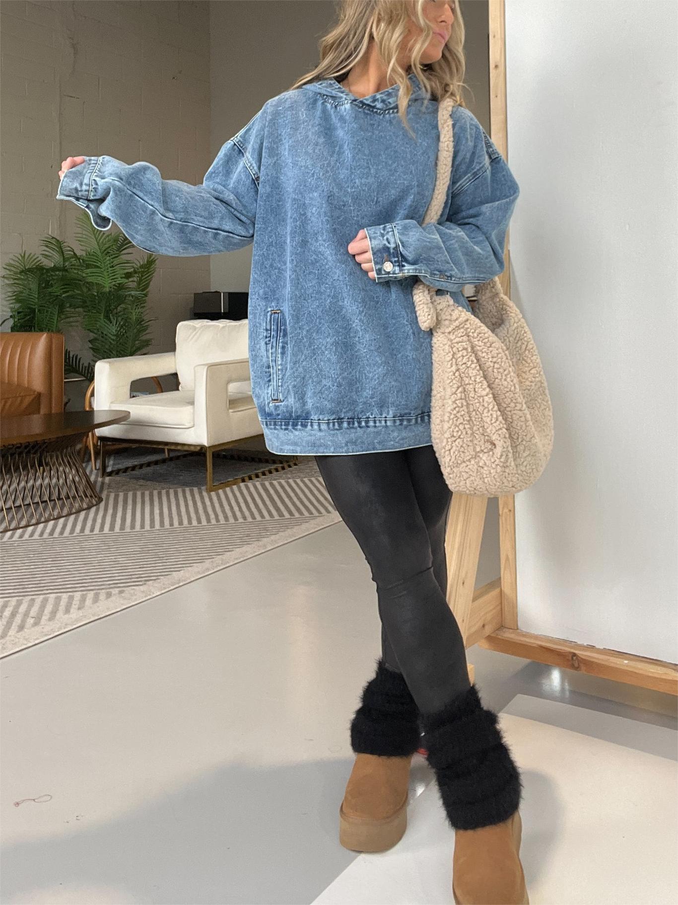Women's Casual Washed Denim Hooded Pullover with Pockets