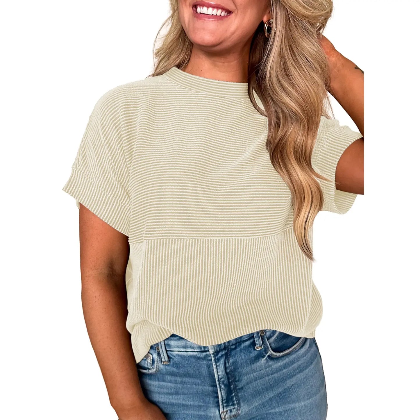 Women Textured Rib Splice Crew Neck Loose Fit Knit Short Sleeve T-shirt