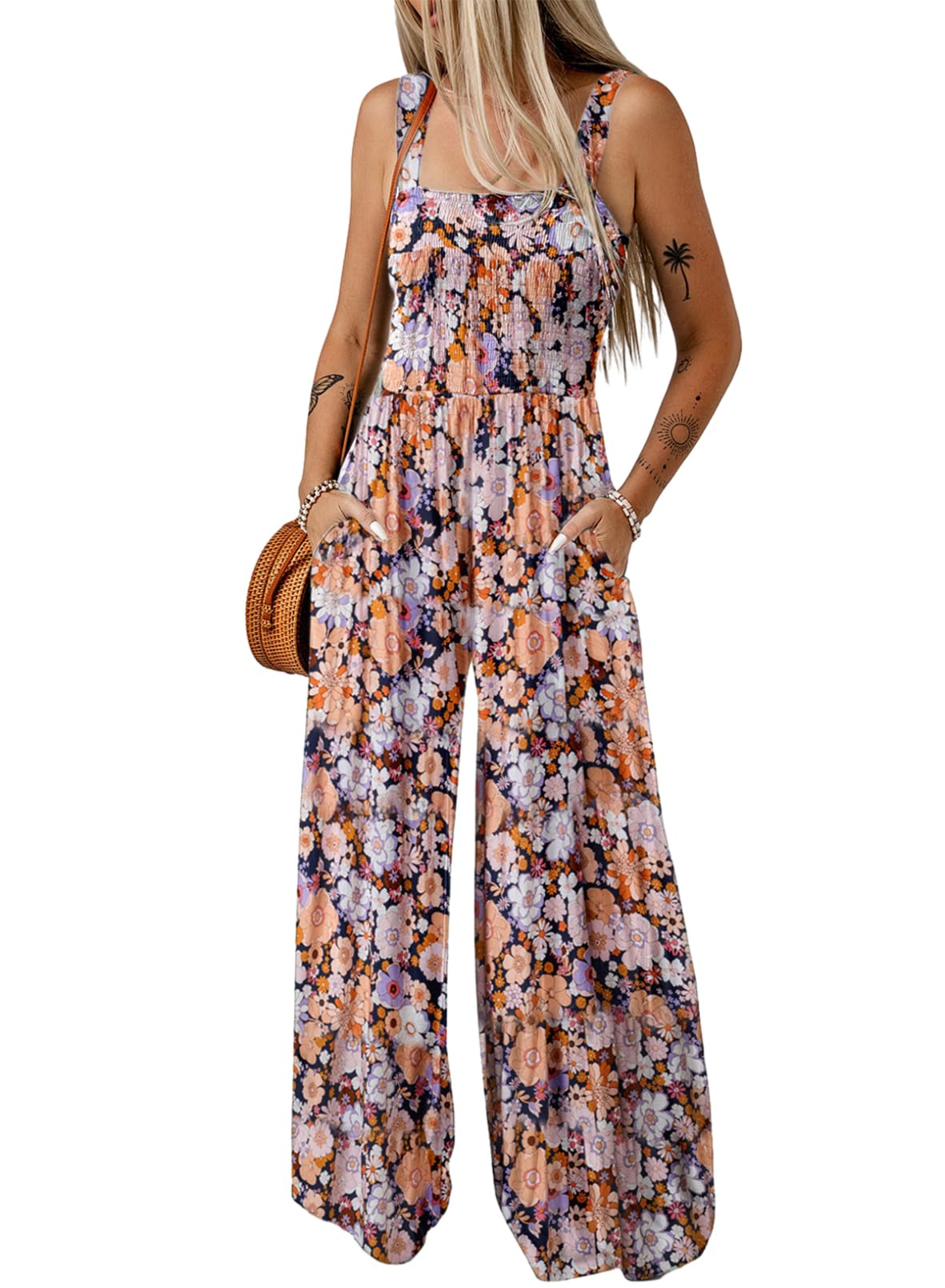 Women's Overalls Casual Floral Print Sleeveless Jumpsuit with Pockets(buy 2 free shipping)