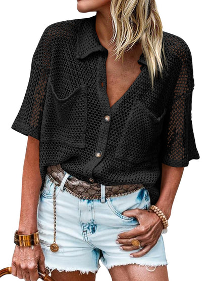 Womens Short Sleeve Crochet Lightweight Cardigan Sweaters Cover Up Shirts