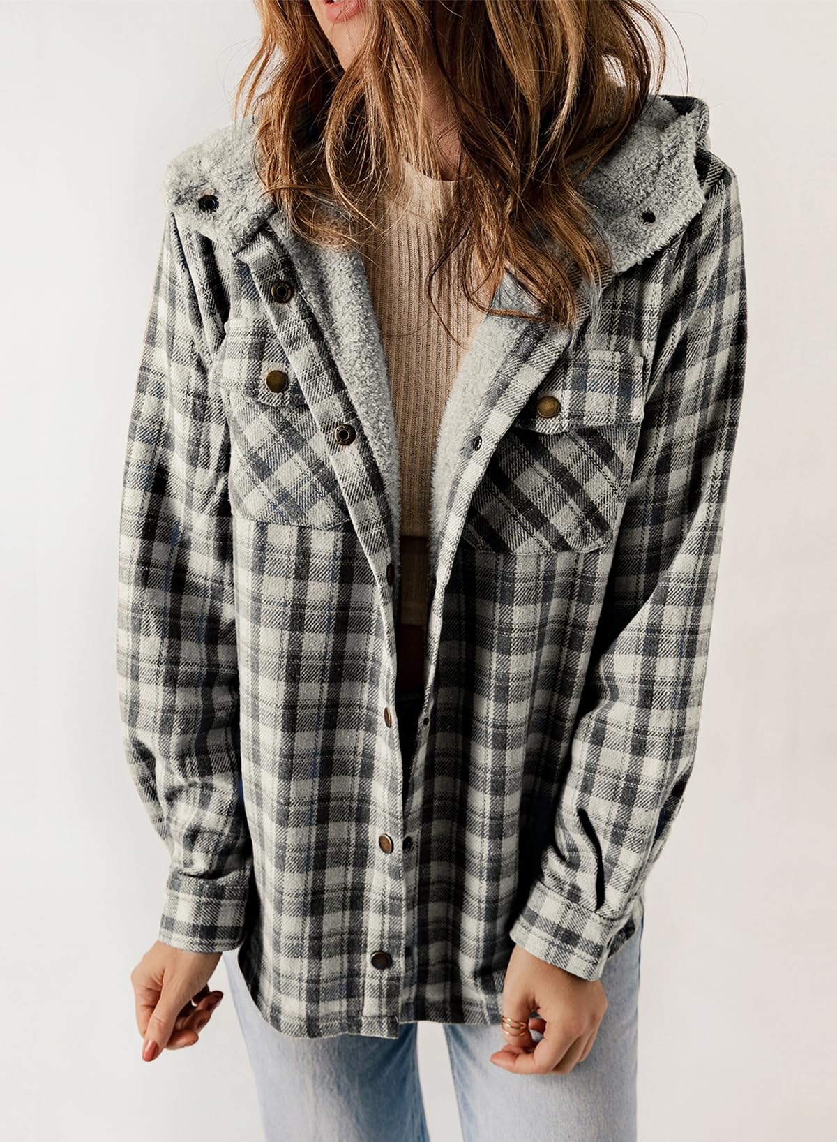 Women's Fall Fuzzy Flannel Long Sleeve Plaid Jacket Coat with Hood