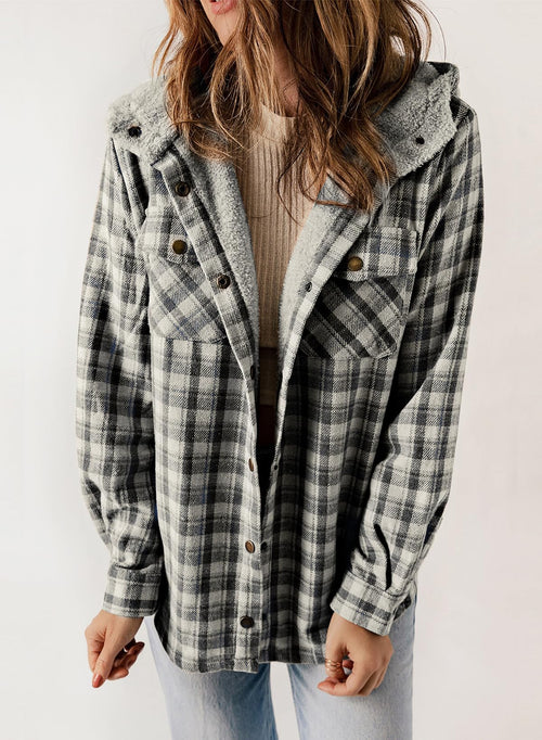Women's Fall Fuzzy Flannel Long Sleeve Plaid Jacket Coat with Hood