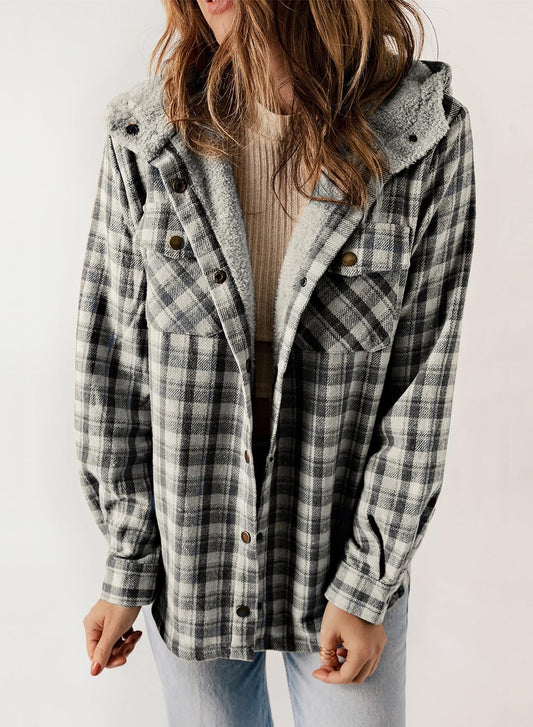 Women's Fall Fuzzy Flannel Long Sleeve Plaid Jacket Coat with Hood