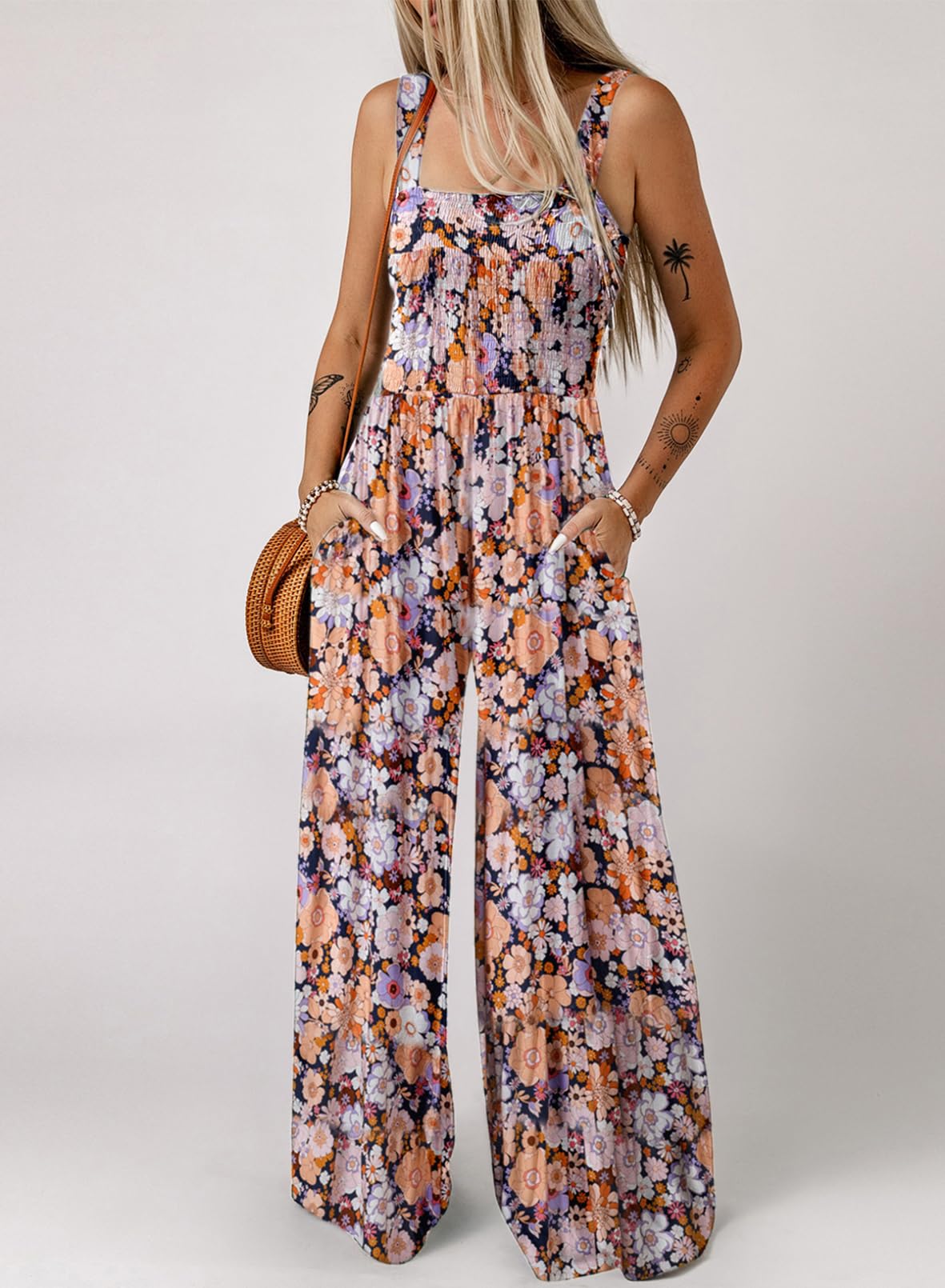 Women's Overalls Casual Floral Print Sleeveless Jumpsuit with Pockets(buy 2 free shipping)