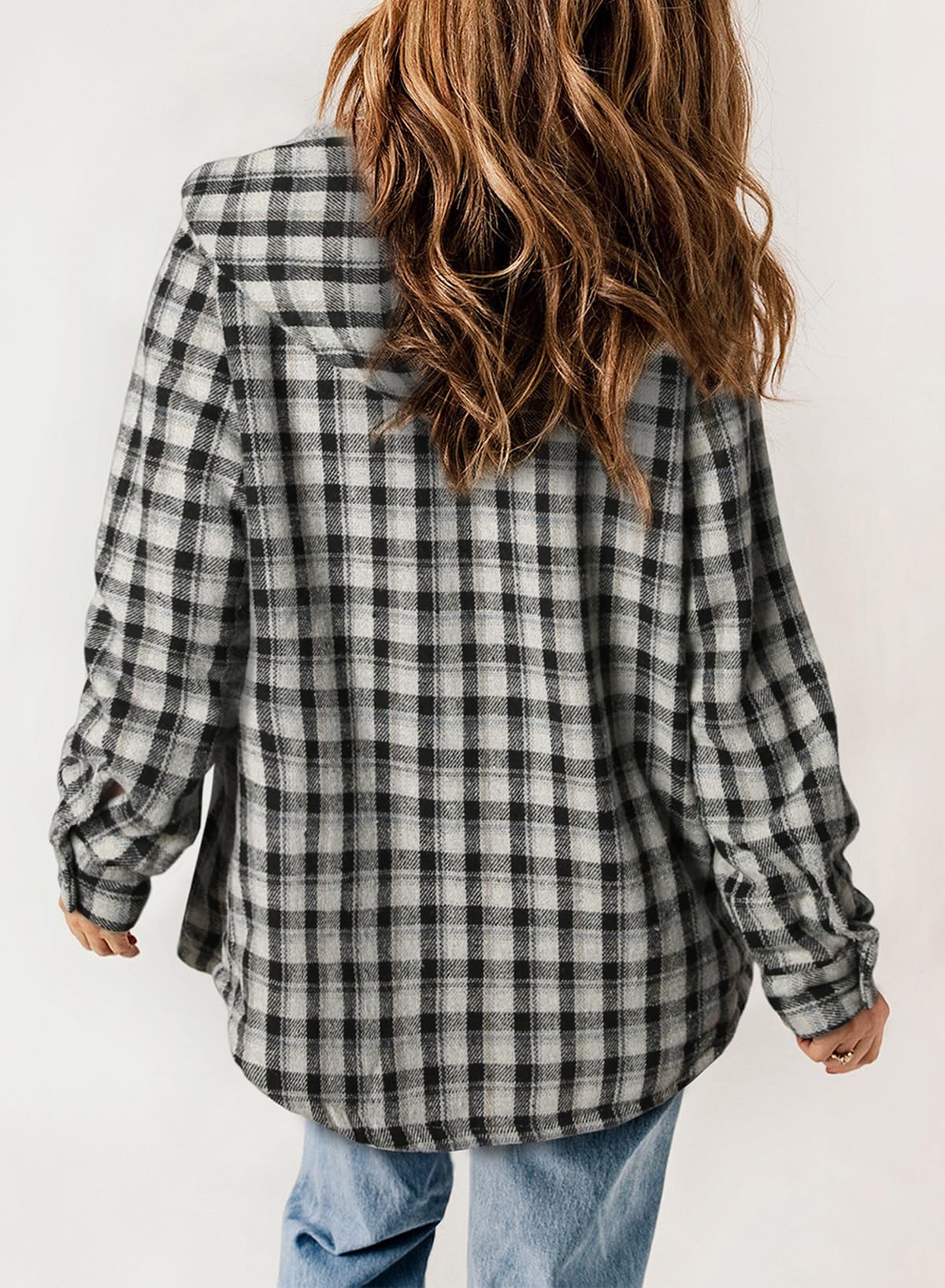 Women's Fall Fuzzy Flannel Long Sleeve Plaid Jacket Coat with Hood