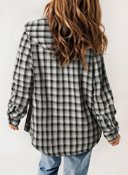 Women's Fall Fuzzy Flannel Long Sleeve Plaid Jacket Coat with Hood