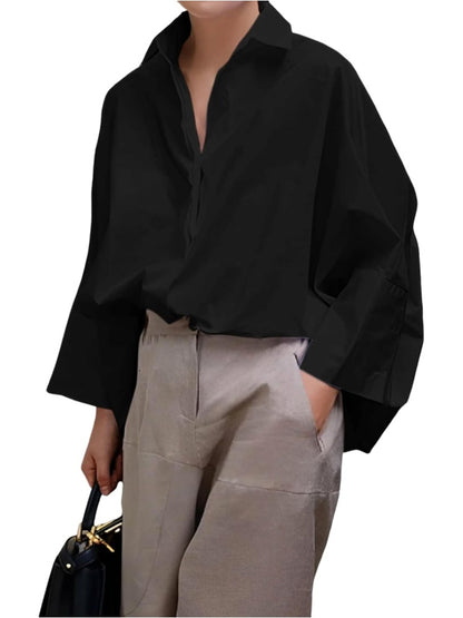 Womens Cotton Casual 3/4 Sleeve Loose Fit Collared Work Blouse Tops