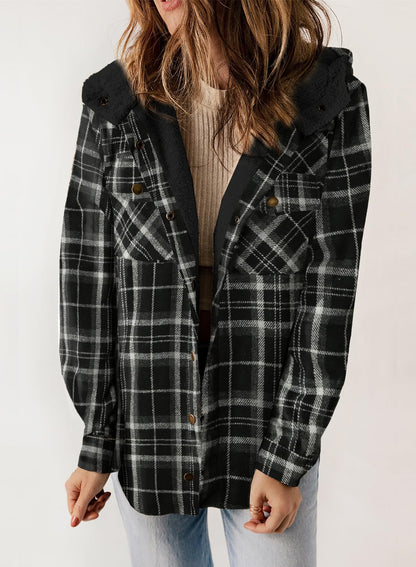 Women's Fall Fuzzy Flannel Long Sleeve Plaid Jacket Coat with Hood