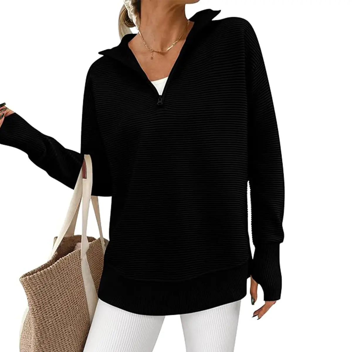Women Oversized Half Zip Collar Vertical Rib Long Sleeve Knit Top