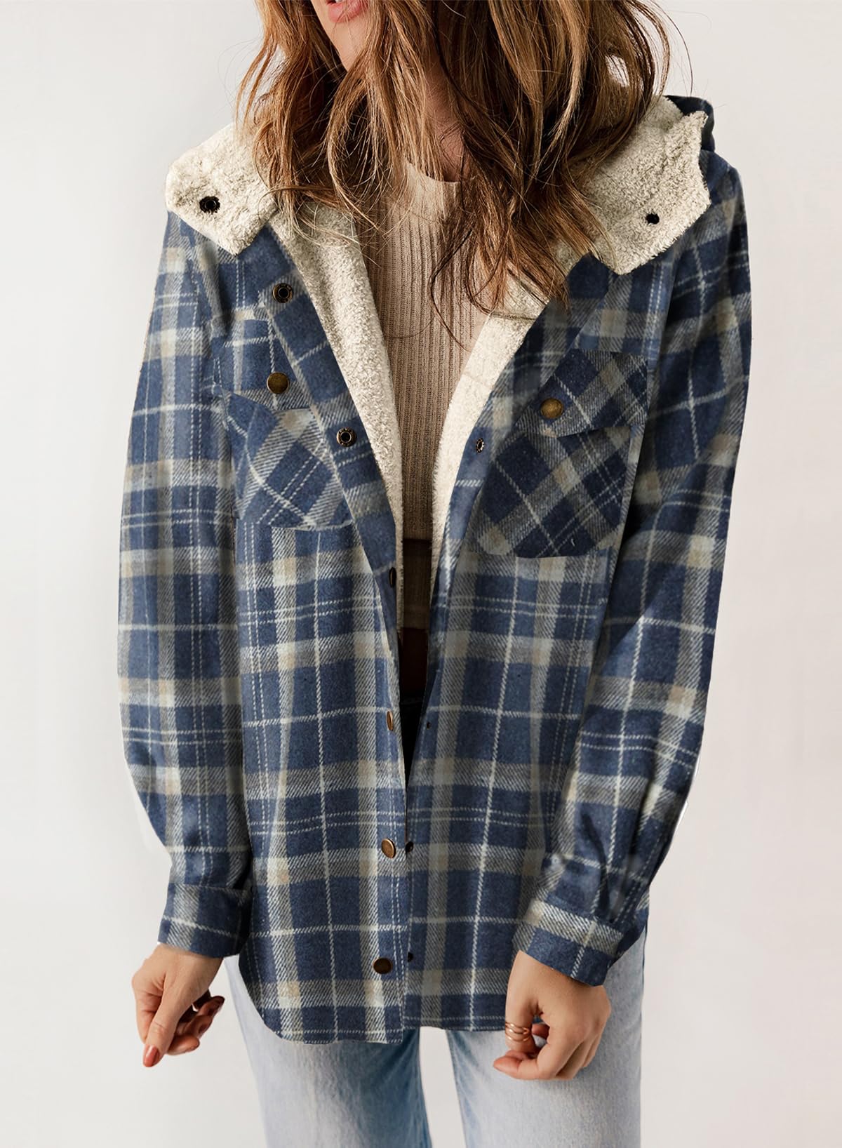 Women's Fall Fuzzy Flannel Long Sleeve Plaid Jacket Coat with Hood